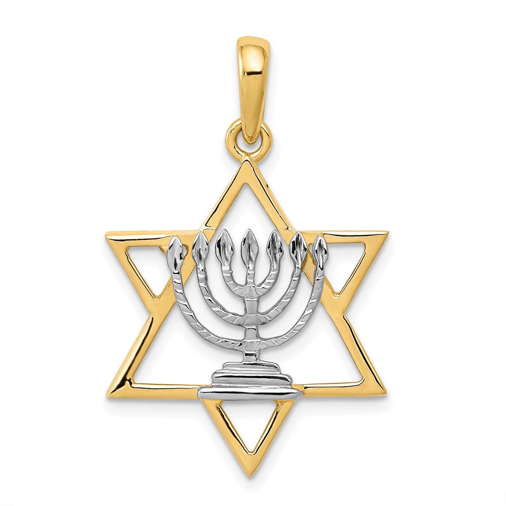 14k Yellow & Rhodium Gold w/ White Rhodium Solid Menorah In Star Of David Charm