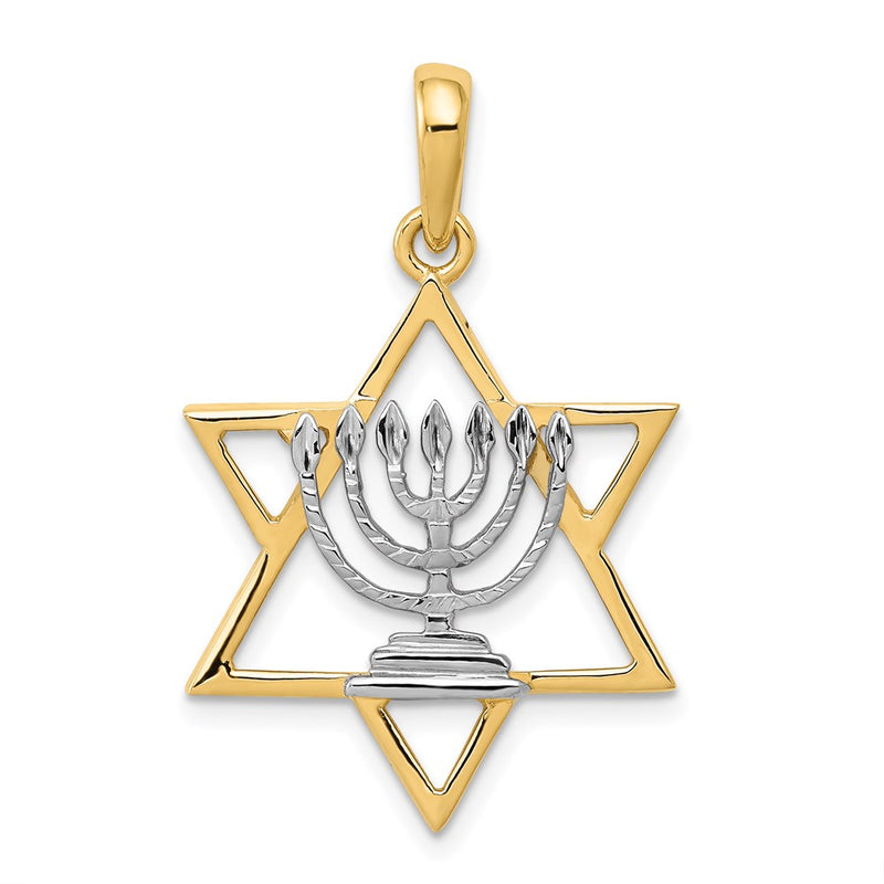 14k Yellow & Rhodium Gold w/ White Rhodium Solid Menorah In Star Of David Charm