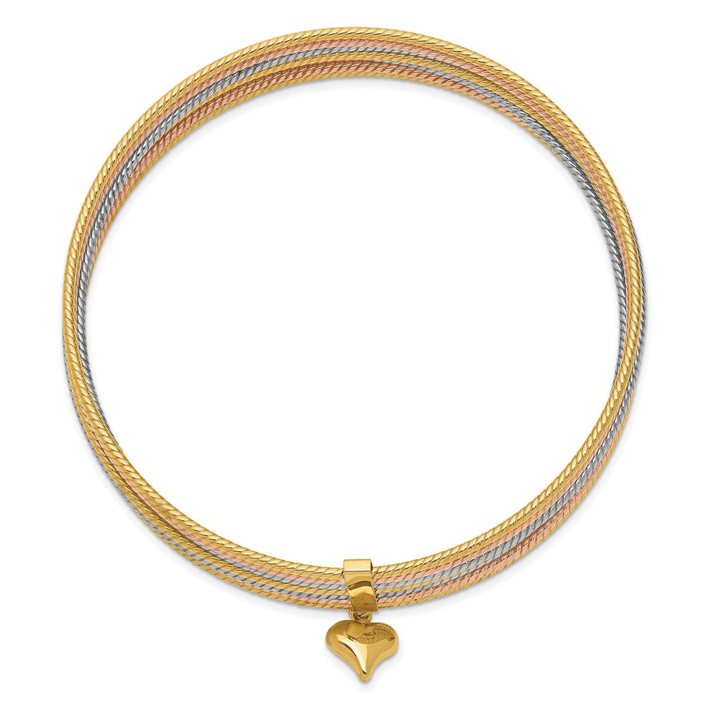 14k Tri-Color Gold w/ Dangle Heart Oversized Set of 7 Textured Slip-on Bangles