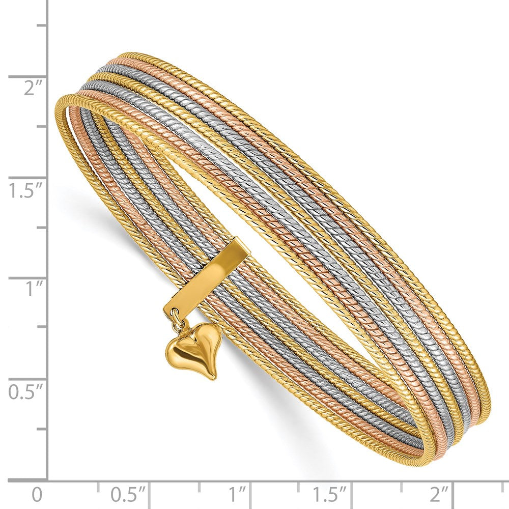 14k Tri-Color Gold w/ Dangle Heart Oversized Set of 7 Textured Slip-on Bangles
