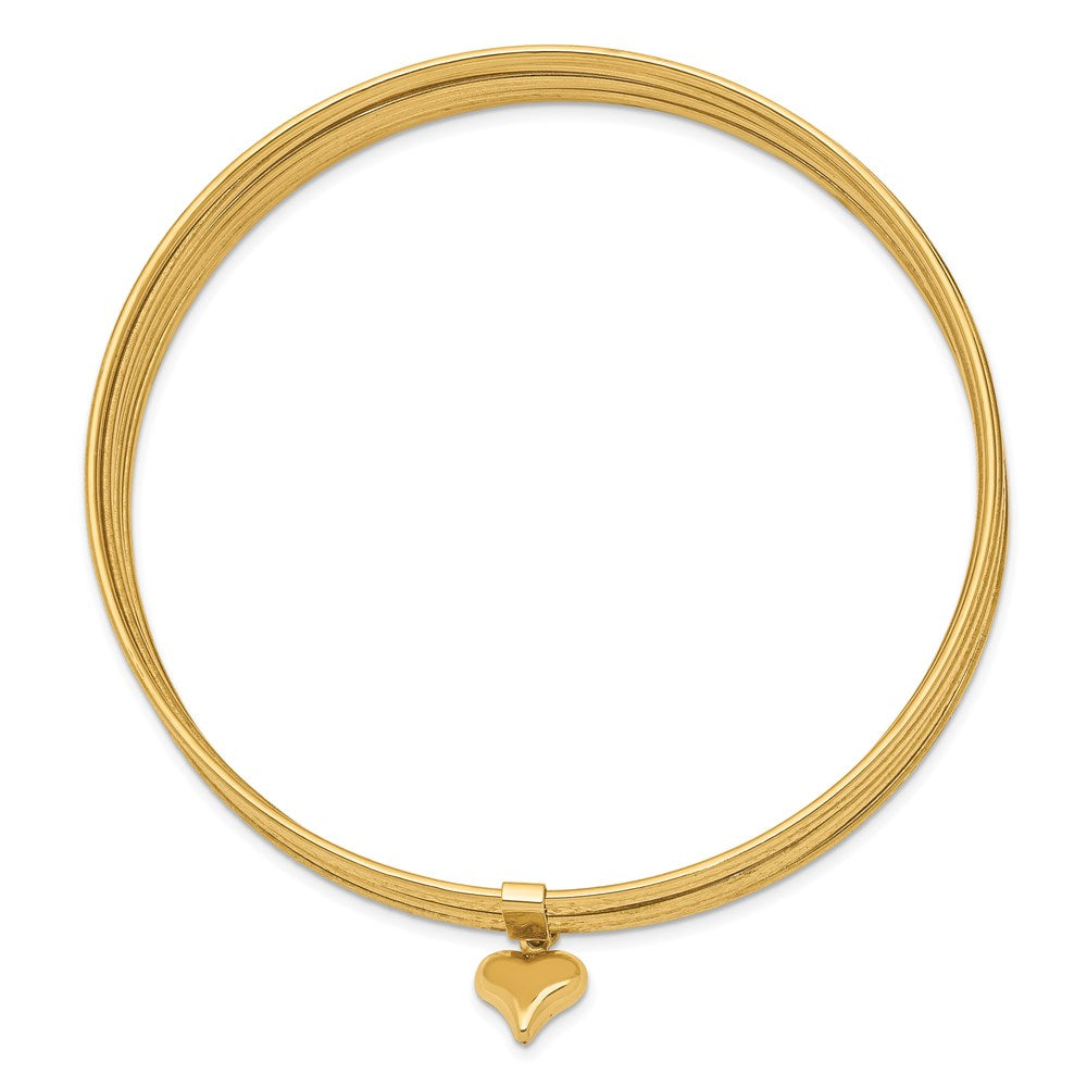 14k Yellow Gold Oversized w/ Dangle Heart Set of 7 Slip-on Textured Bangles 8 1/2"