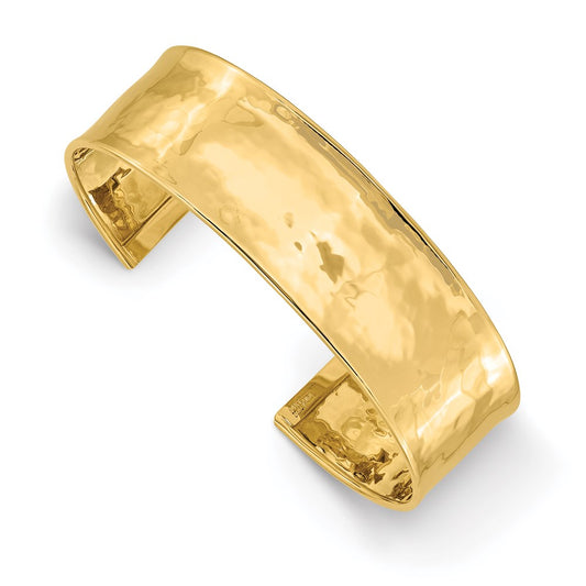 14k Yellow Gold 19mm Hammered Polished Cuff Bangle