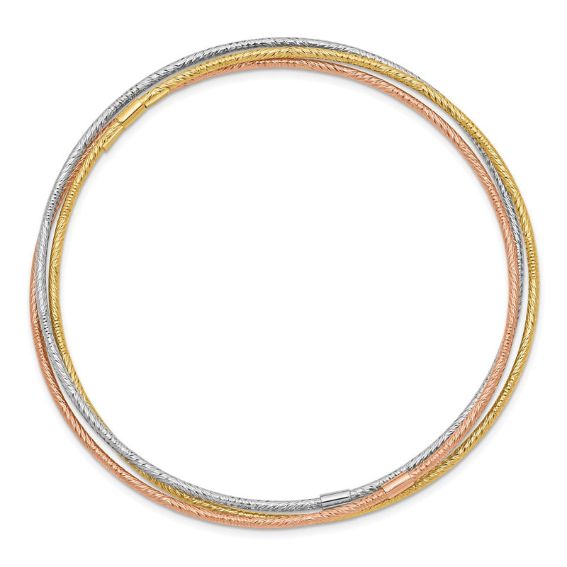 14k Tri-Color Gold Diamond-cut 3 Intertwined Slip-on Bangles