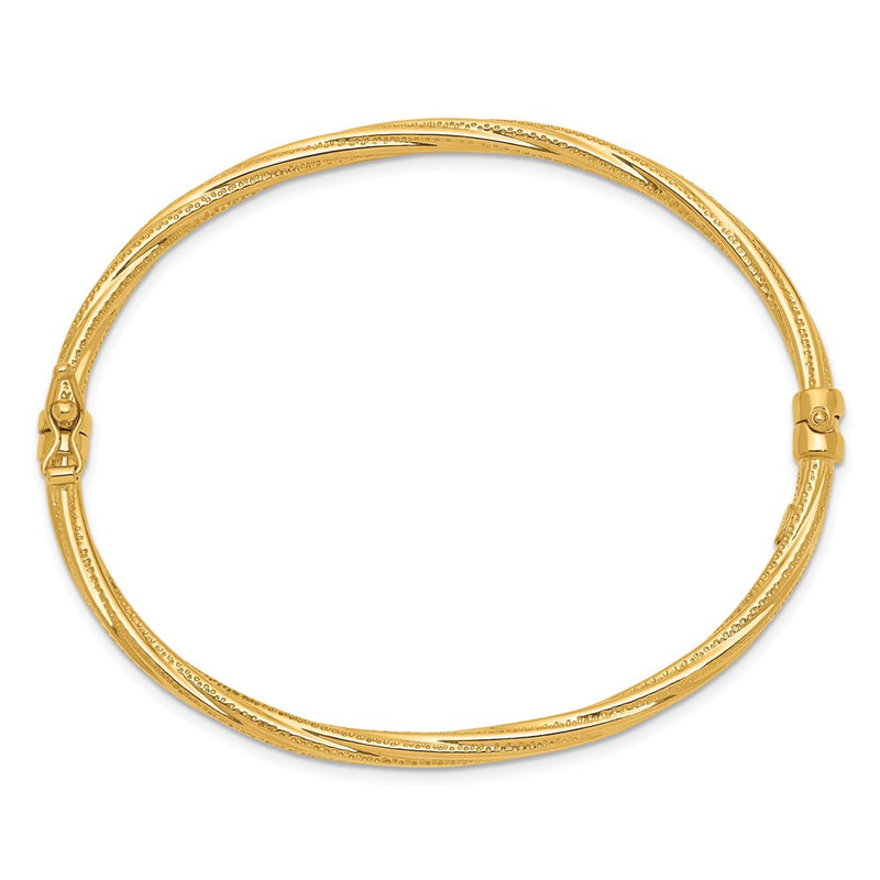14k Yellow Gold Polished Textured Twisted Hinged Bangle