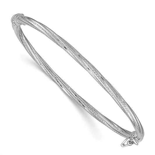 14k White Gold Polished Textured Twisted Hinged Bangle