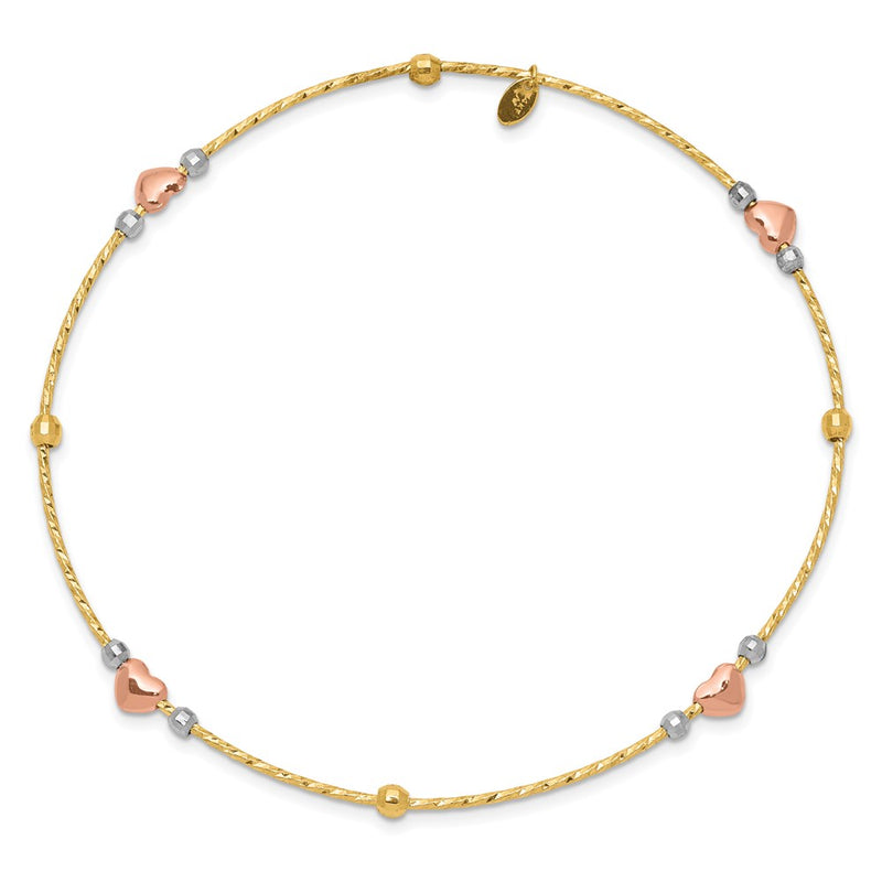 14k Tri-Color Gold Heart Diamond-cut Slip-on Bangle