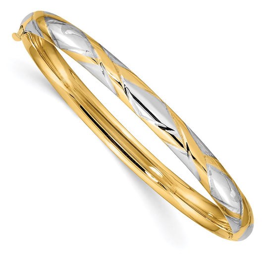 14k Yellow & Rhodium Gold 3/16 w/White Rhodium Criss-Cross Children's Hinged Bangle