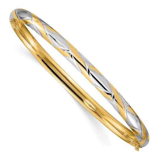 14k Yellow & Rhodium Gold 3/16 w/White Rhodium Textured Criss-Cross Hinged Bangle