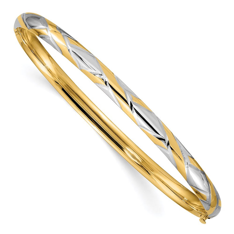 14k Yellow & Rhodium Gold 3/16 w/White Rhodium Textured Criss-Cross Hinged Bangle