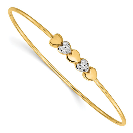 14k Yellow & Rhodium Gold & White Rhodium Polished D/C Hearts Slip On Bangle