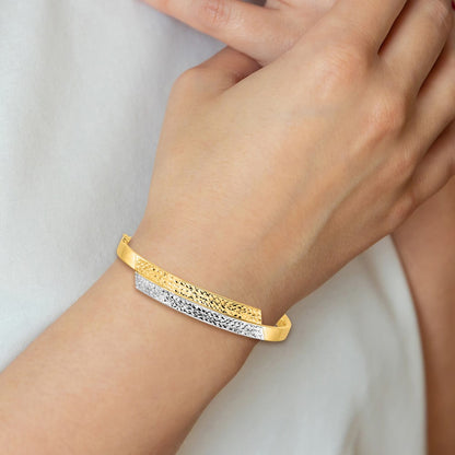 14k Yellow & Rhodium Goldy 3/16 White Rhodium Diamond-cut Overlap Hinged Bangle