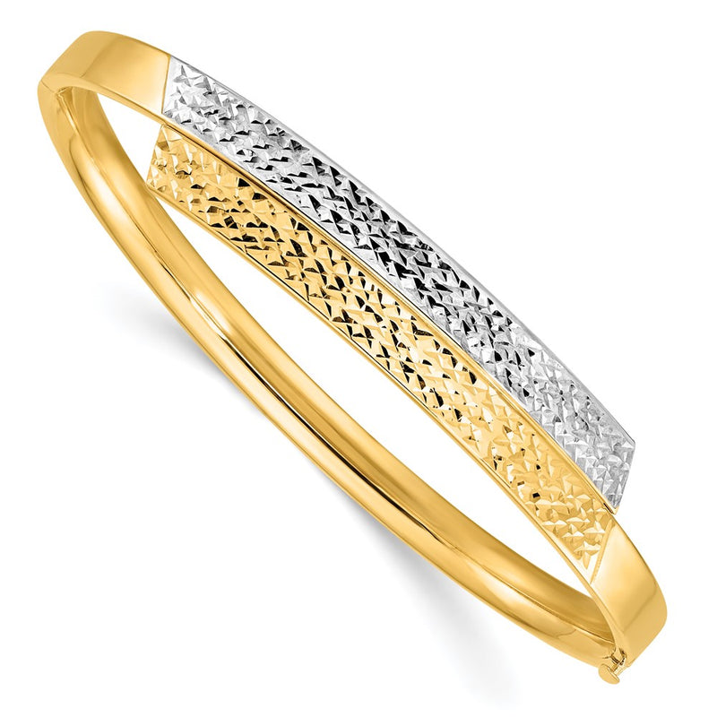 14k Yellow & Rhodium Goldy 3/16 White Rhodium Diamond-cut Overlap Hinged Bangle