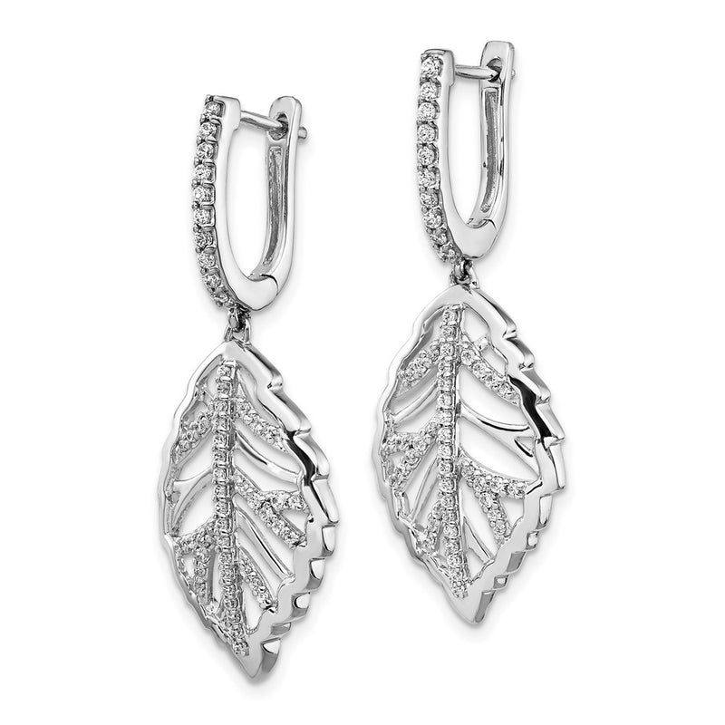 14k White Gold Real Diamond Leaf Leverback Earrings