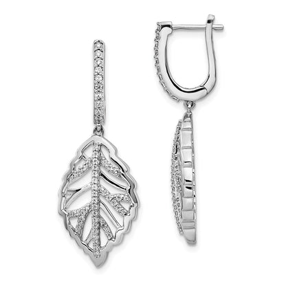 14k White Gold Real Diamond Leaf Leverback Earrings