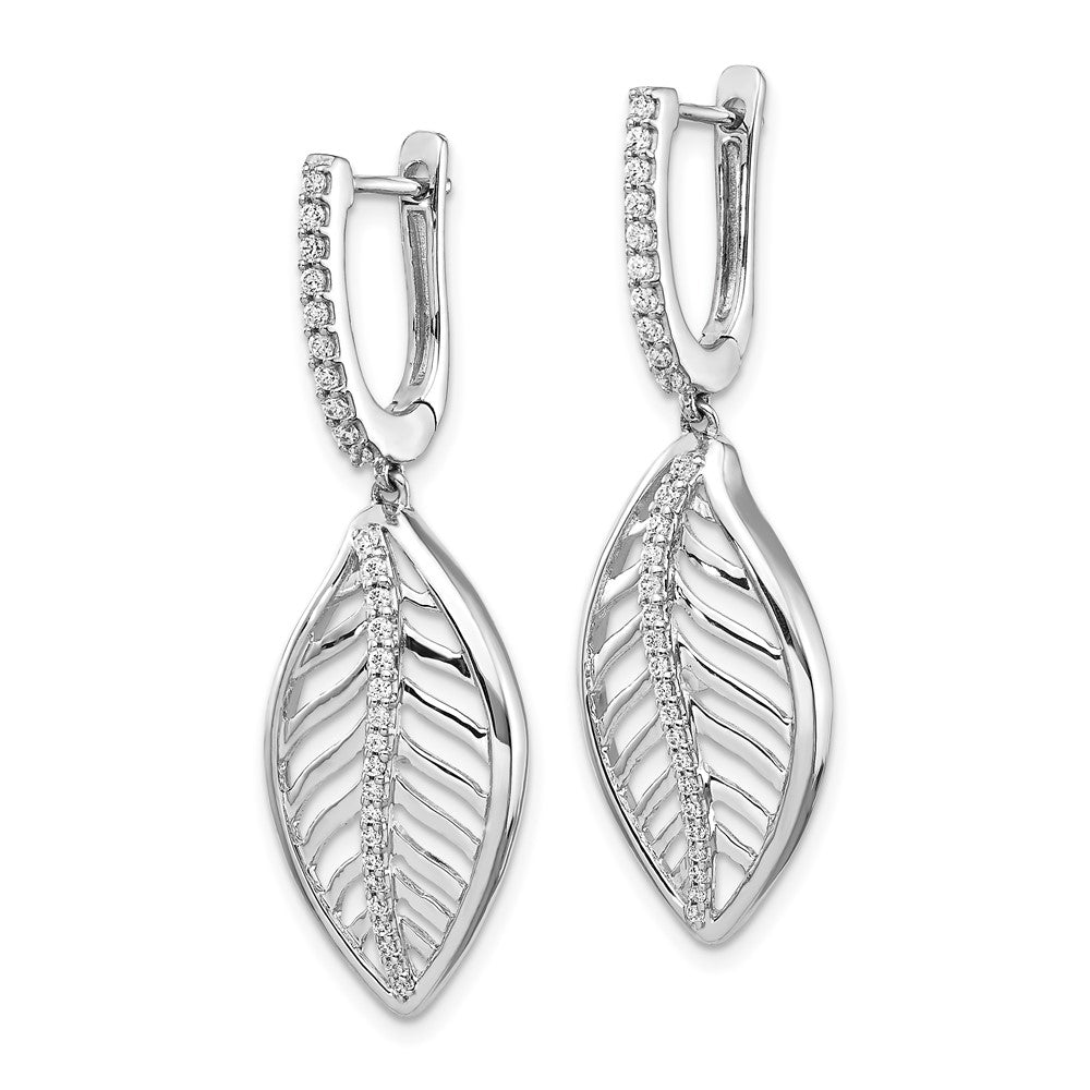 14k White Gold Real Diamond Leaf Leverback Earrings