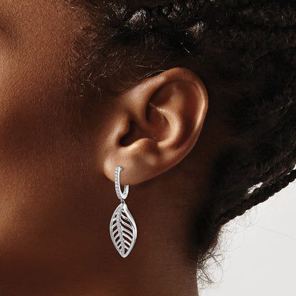 14k White Gold Real Diamond Leaf Leverback Earrings