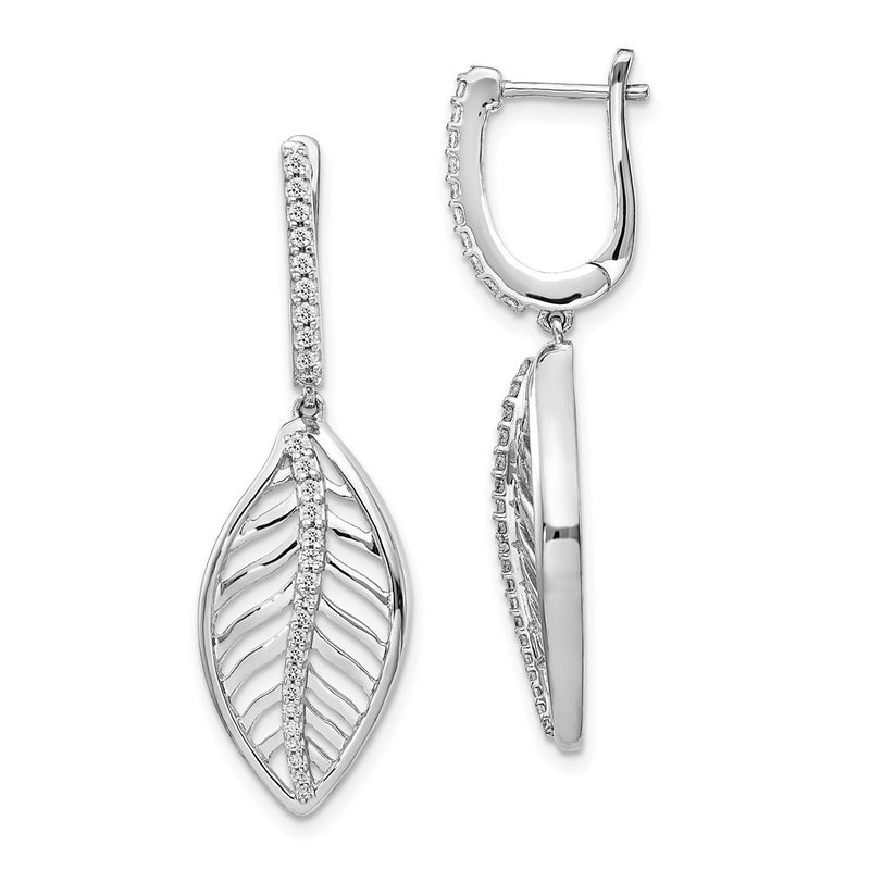 14k White Gold Real Diamond Leaf Leverback Earrings