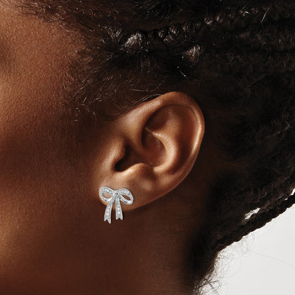 14k White Gold Real Diamond Bow Earrings
