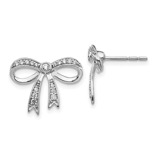 Solid 14k White Gold Simulated CZ Bow Earrings