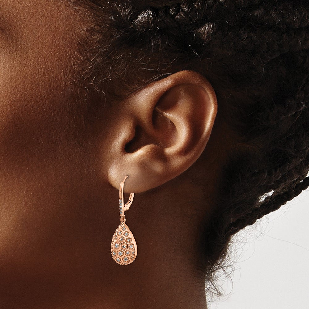 14k Rose Gold Real Diamond Honeycomb Leverback Earrings