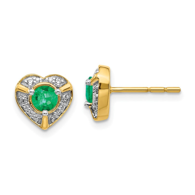 14k Yellow Gold Real Diamond and Emerald Fancy Heart Earrings