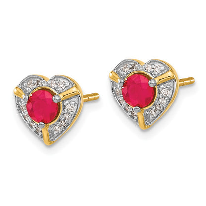14k Yellow Gold Real Diamond and Ruby Fancy Heart Earrings