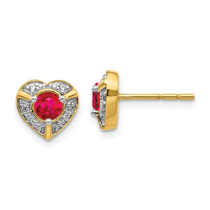 14k Yellow Gold Real Diamond and Ruby Fancy Heart Earrings
