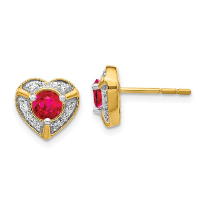 14k Yellow Gold Real Diamond and Ruby Fancy Heart Earrings