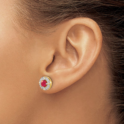Solid 14k Yellow Gold Simulated CZ and Ruby Fancy Halo Earrings