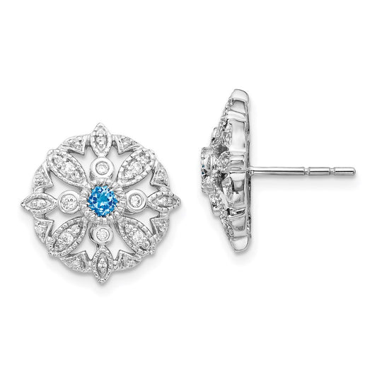 Solid 14k White Gold Simulated CZ & Blue Topaz Fancy Earrings