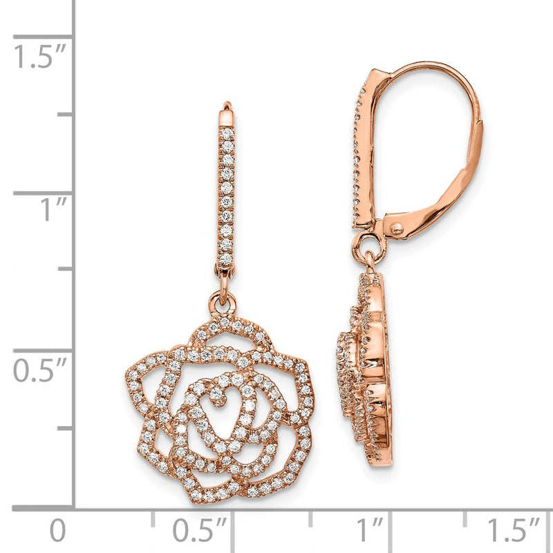 14k Rose Gold Real Diamond Fancy Flower Leverback Earrings