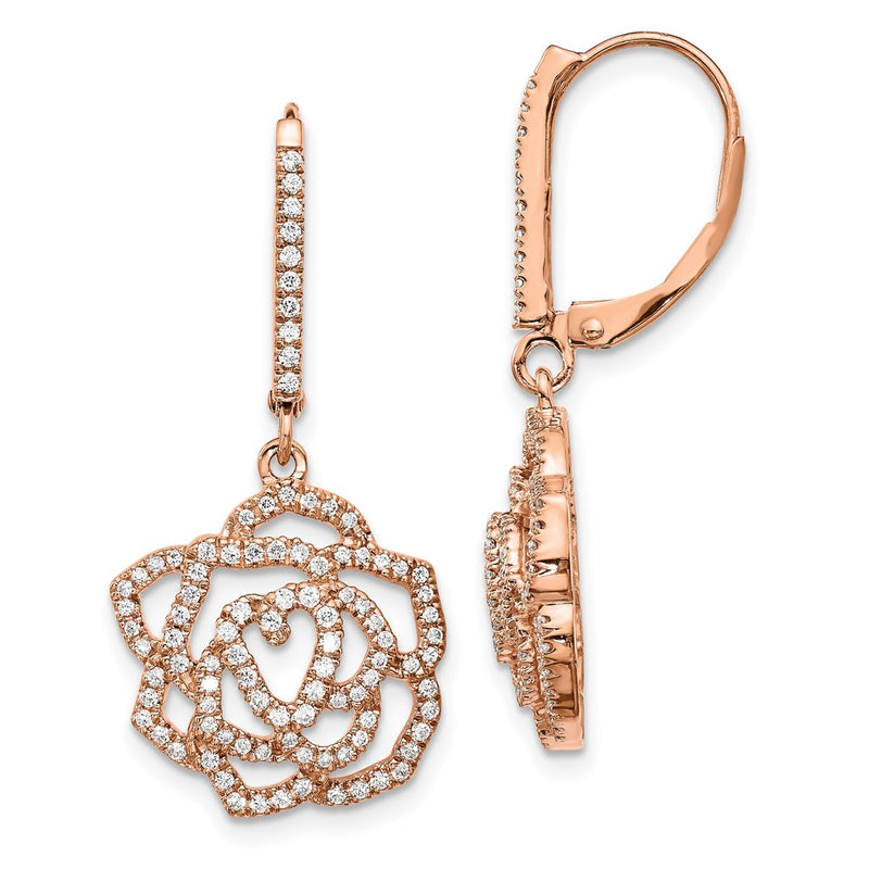 14k Rose Gold Real Diamond Fancy Flower Leverback Earrings