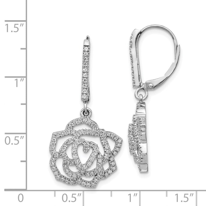 14k White Gold Real Diamond Fancy Flower Leverback Earrings