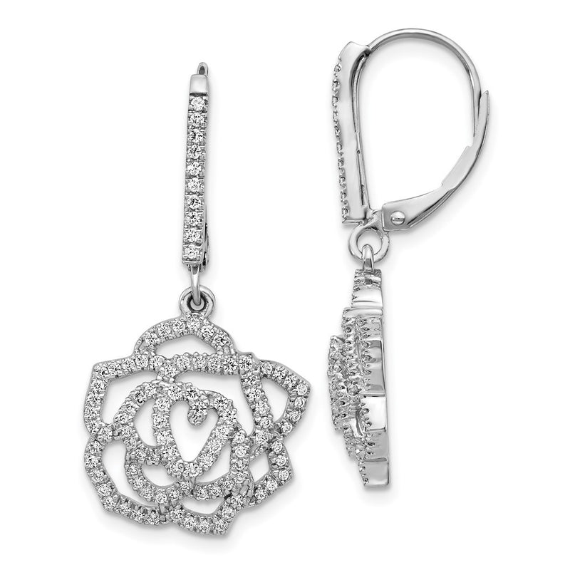 14k White Gold Real Diamond Fancy Flower Leverback Earrings