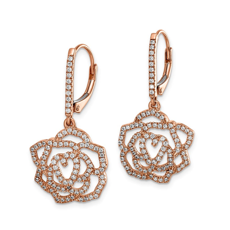 14k Yellow Gold Real Diamond Fancy Flower Leverback Earrings
