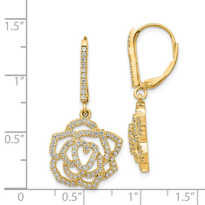 14k Yellow Gold Real Diamond Fancy Flower Leverback Earrings