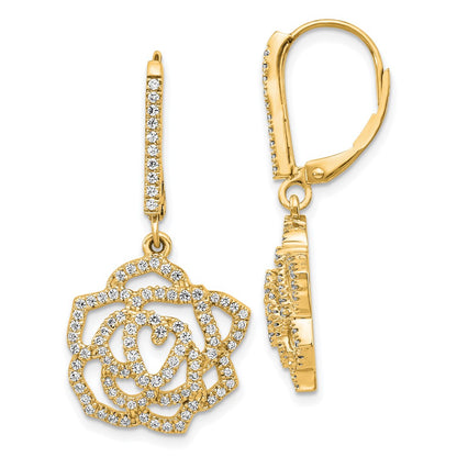14k Yellow Gold Real Diamond Fancy Flower Leverback Earrings