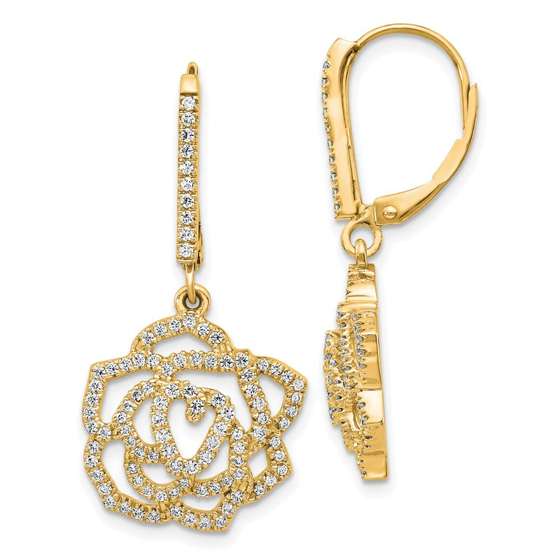 14k Yellow Gold Real Diamond Fancy Flower Leverback Earrings
