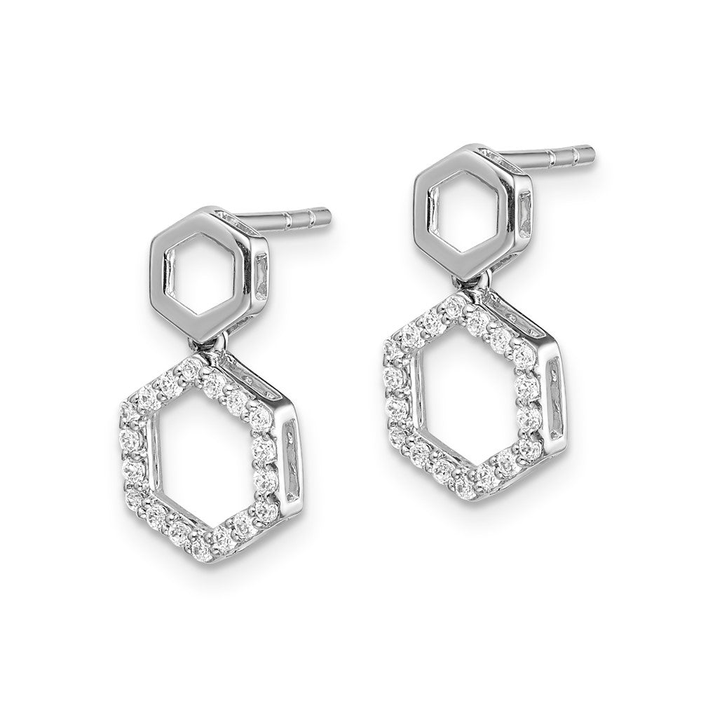 14k White Gold Real Diamond Fancy Hexagon Post Dangle Earrings