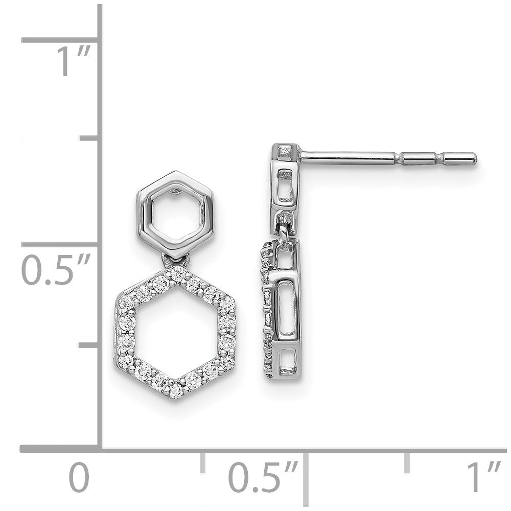 14k White Gold Real Diamond Fancy Hexagon Post Dangle Earrings