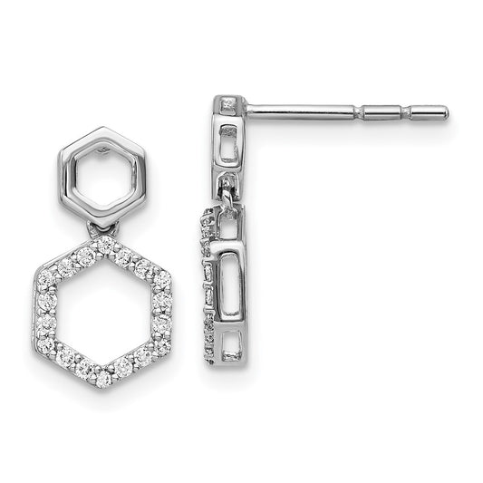 14k White Gold Real Diamond Fancy Hexagon Post Dangle Earrings