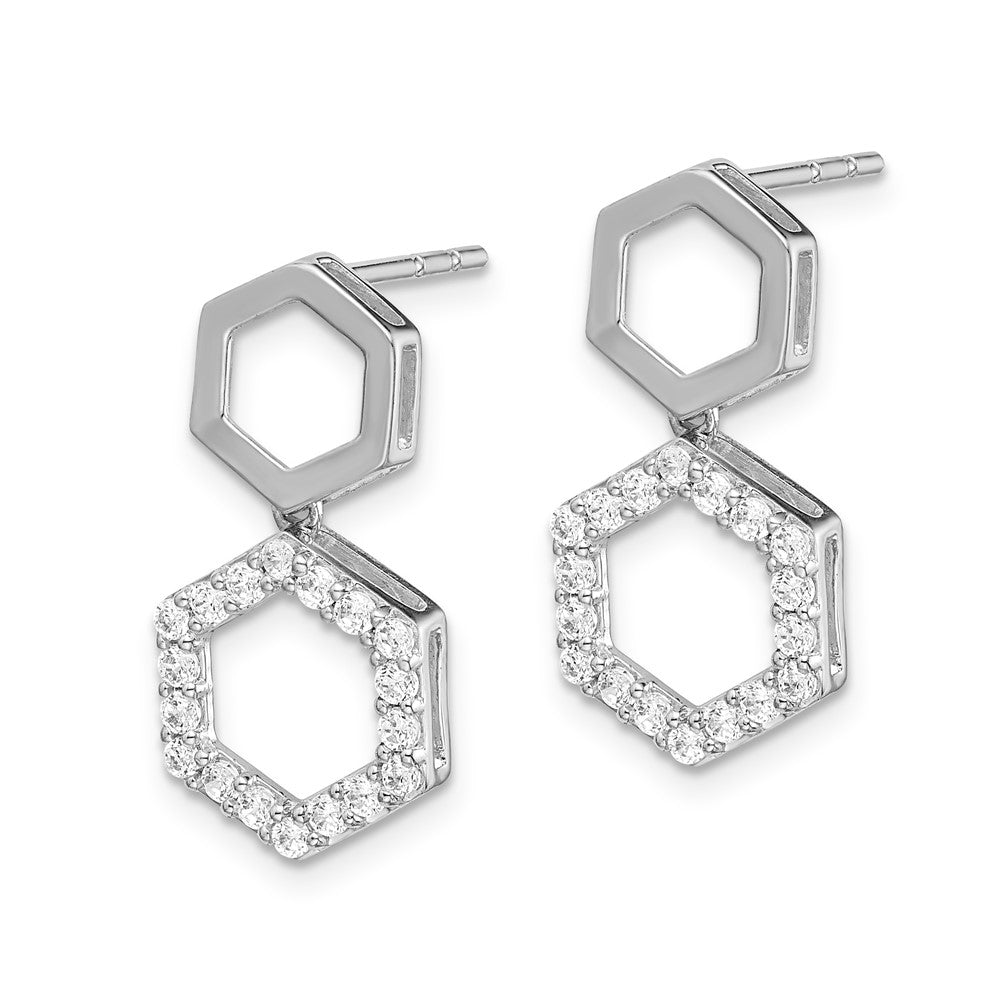 14k White Gold Real Diamond Fancy Hexagon Post Dangle Earrings