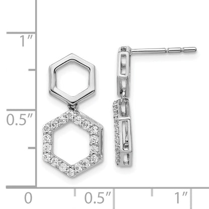 14k White Gold Real Diamond Fancy Hexagon Post Dangle Earrings