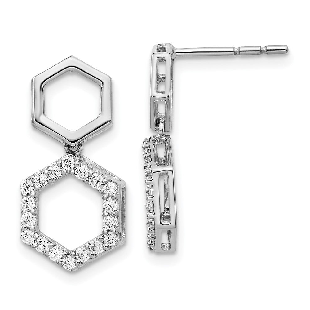 14k White Gold Real Diamond Fancy Hexagon Post Dangle Earrings