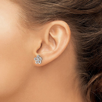 14k White Gold Real Diamond Flower Earrings