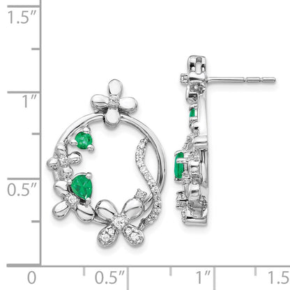 14k White Gold Real Diamond & Emerald Flower Earrings