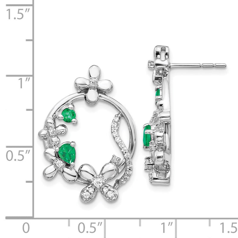 14k White Gold Real Diamond & Emerald Flower Earrings