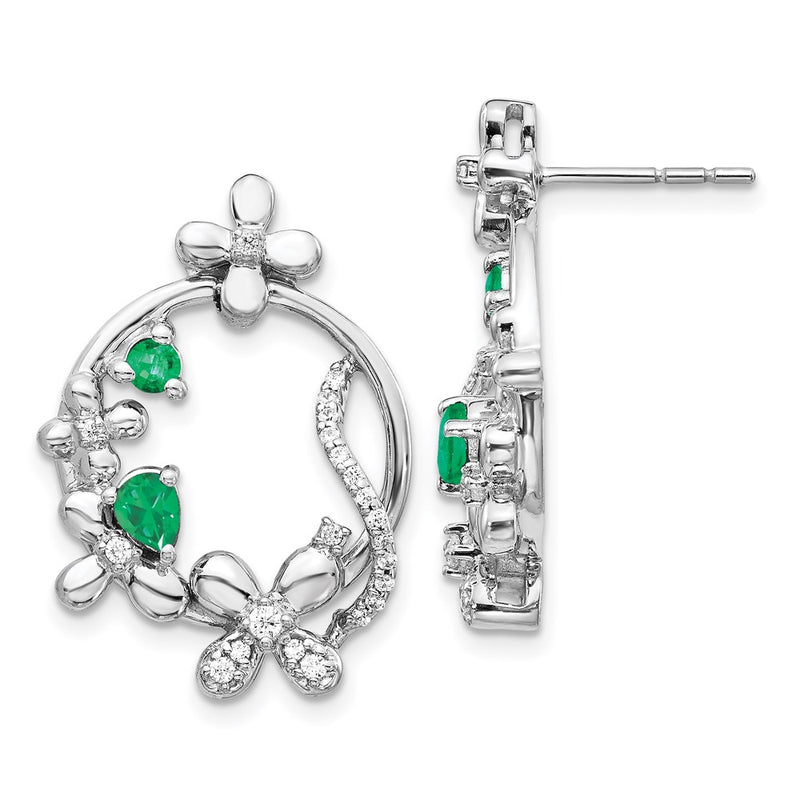 14k White Gold Real Diamond & Emerald Flower Earrings