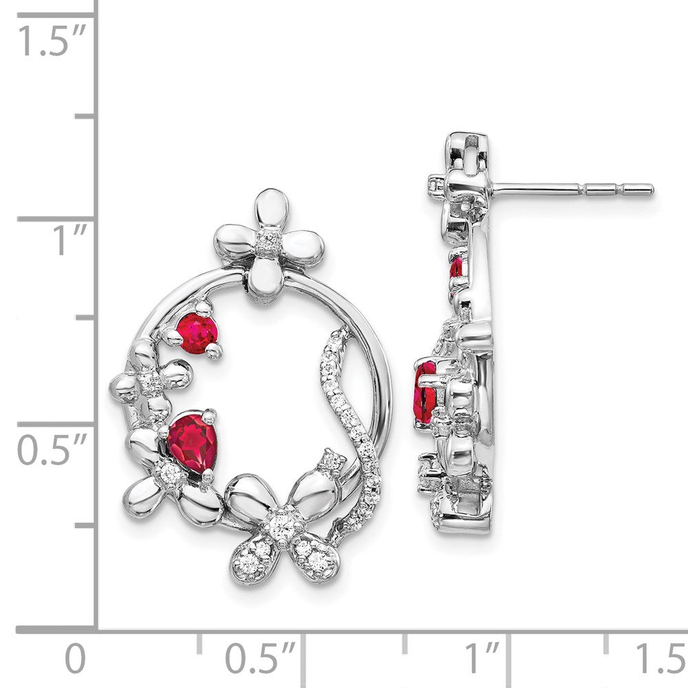 14k White Gold Real Diamond & Ruby Flower Earrings