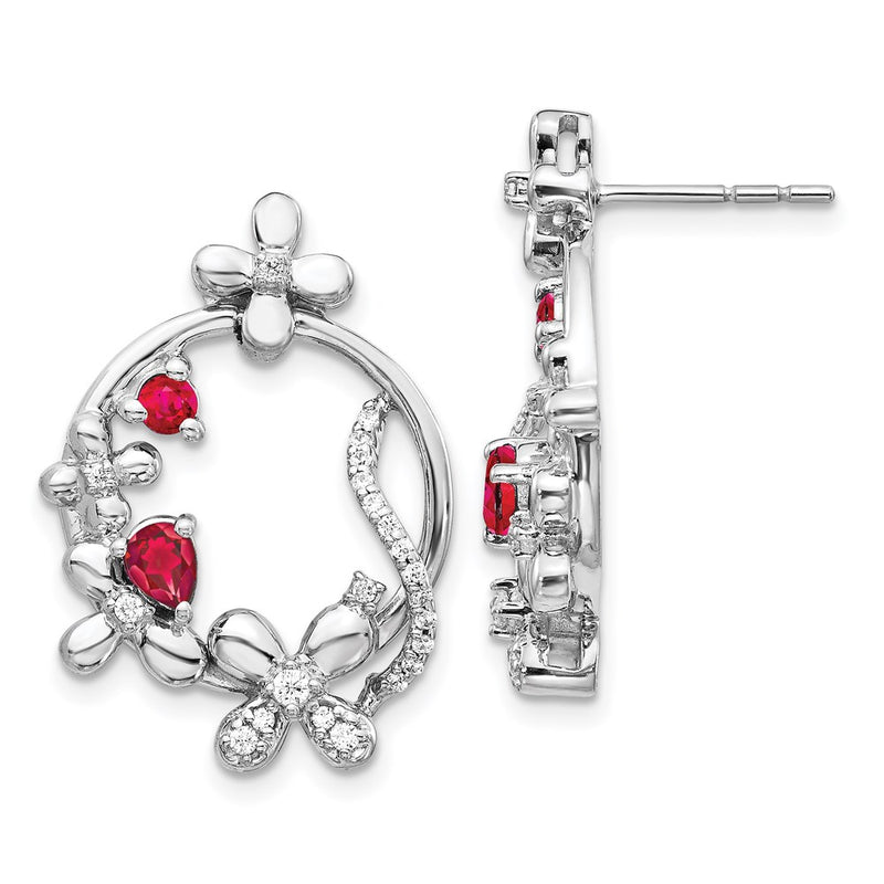 14k White Gold Real Diamond & Ruby Flower Earrings